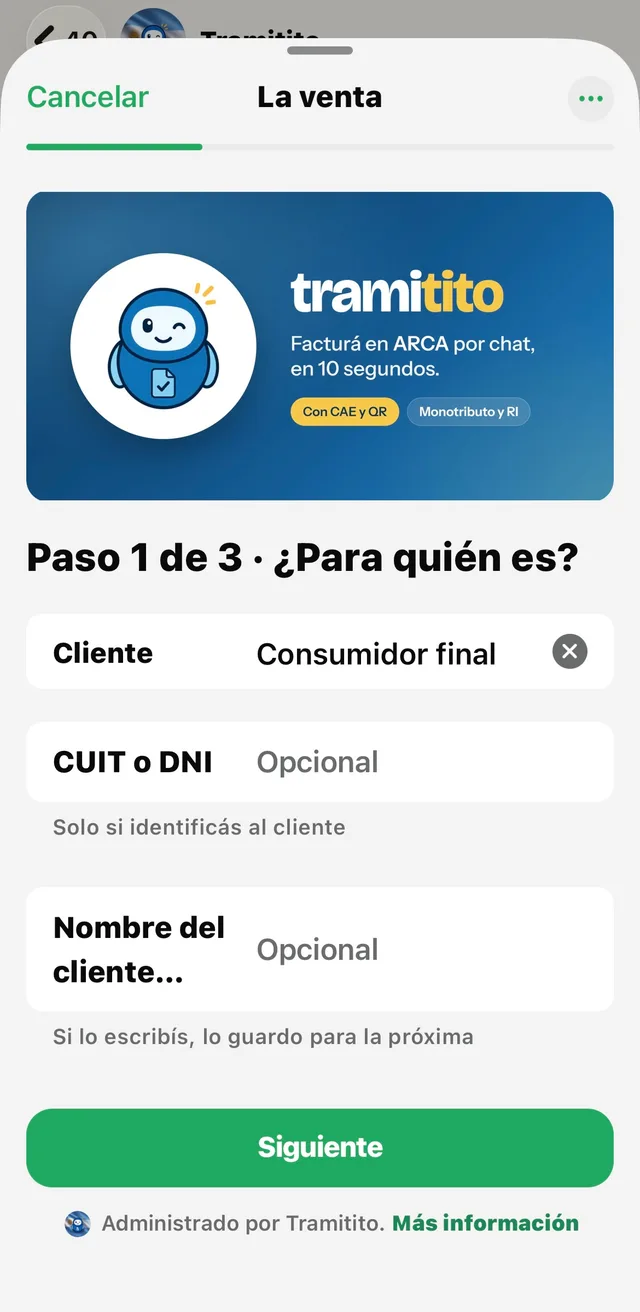 El formulario de Tramitito dentro de WhatsApp: monto, concepto y cliente antes de emitir