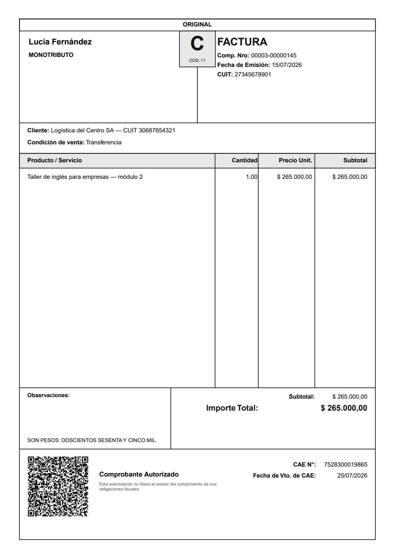 Una factura C emitida por Tramitito, con el CAE, su vencimiento y el código QR de ARCA